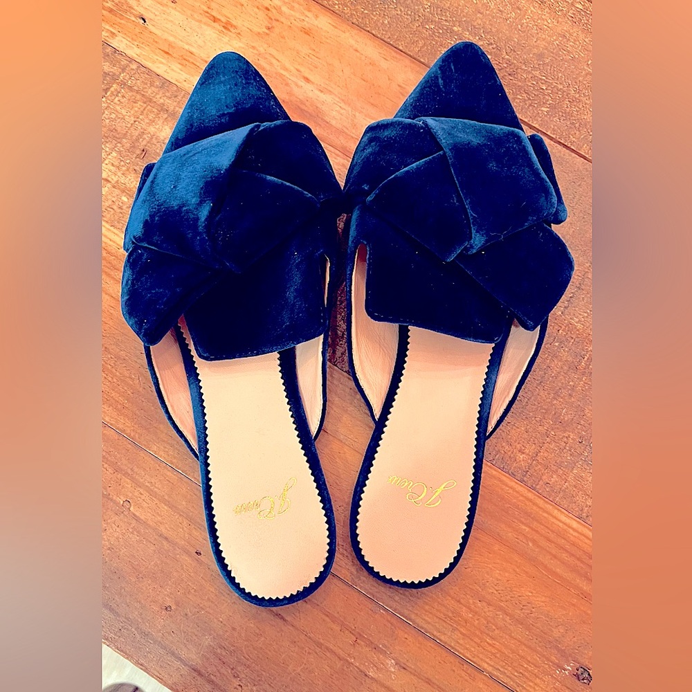 J. Crew Navy Velvet Mules with Bow Detail